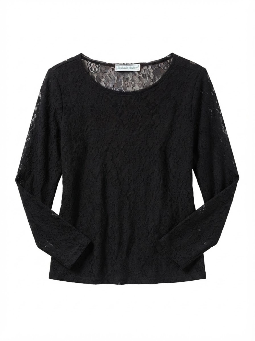 Vintage 90s Stephanie Andrews Black Lace Long Sleeve Top Scoop Neck Size Large